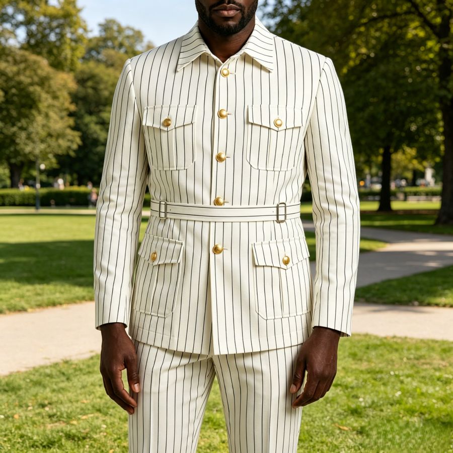 Ternos Safari com Listras Brancas para Homens com Cinto, 2 Peças, Terno Formal para Casamento, Slim Fit, Jaqueta e Calça Feitas Sob Medida para Noivo