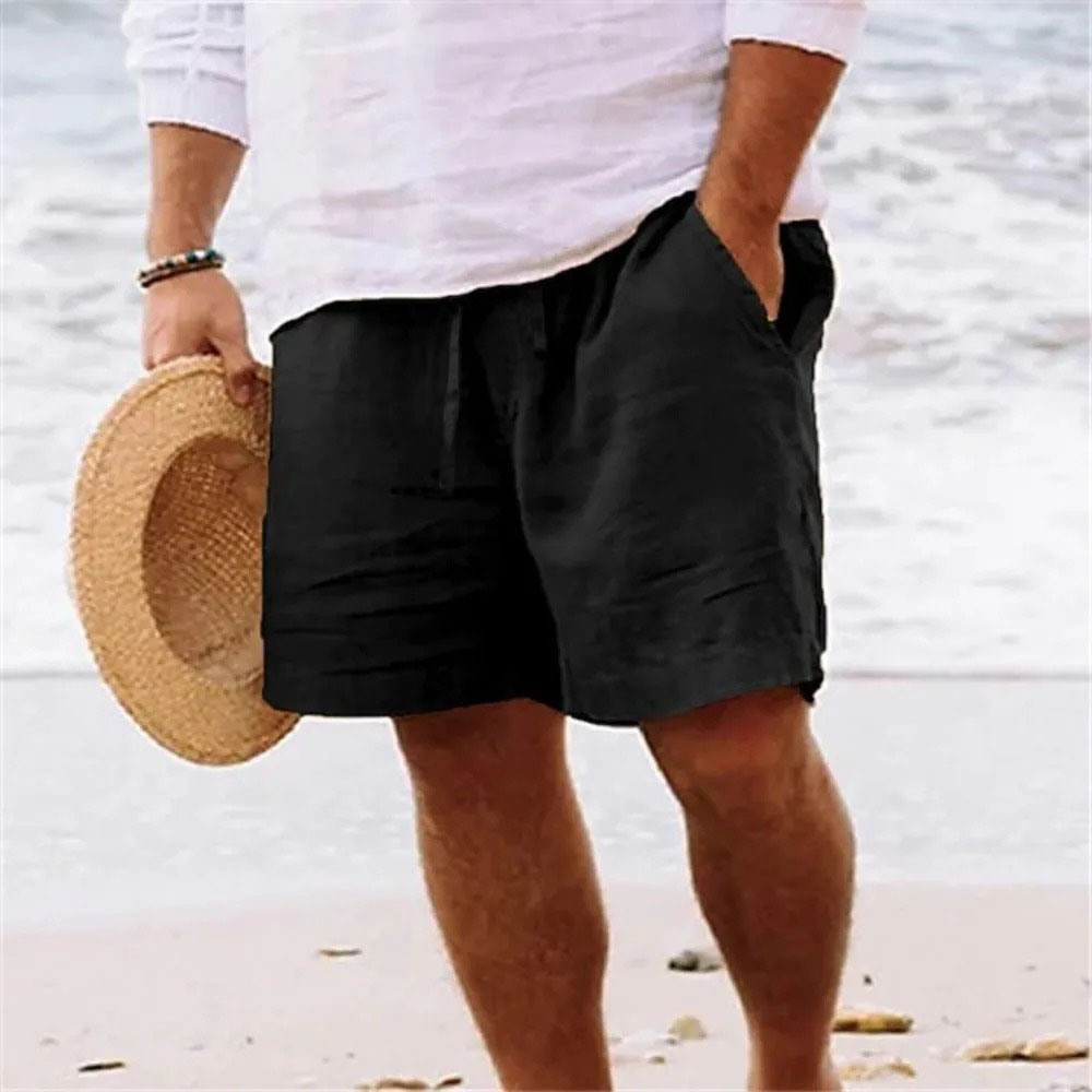 Sommer-Shorts für Herren, Kordelzug, elastische Taille, atmungsaktiv, leicht, Baumwolle, Leinen, lässig, Strand-Stil, Hawaii, kurze Hose