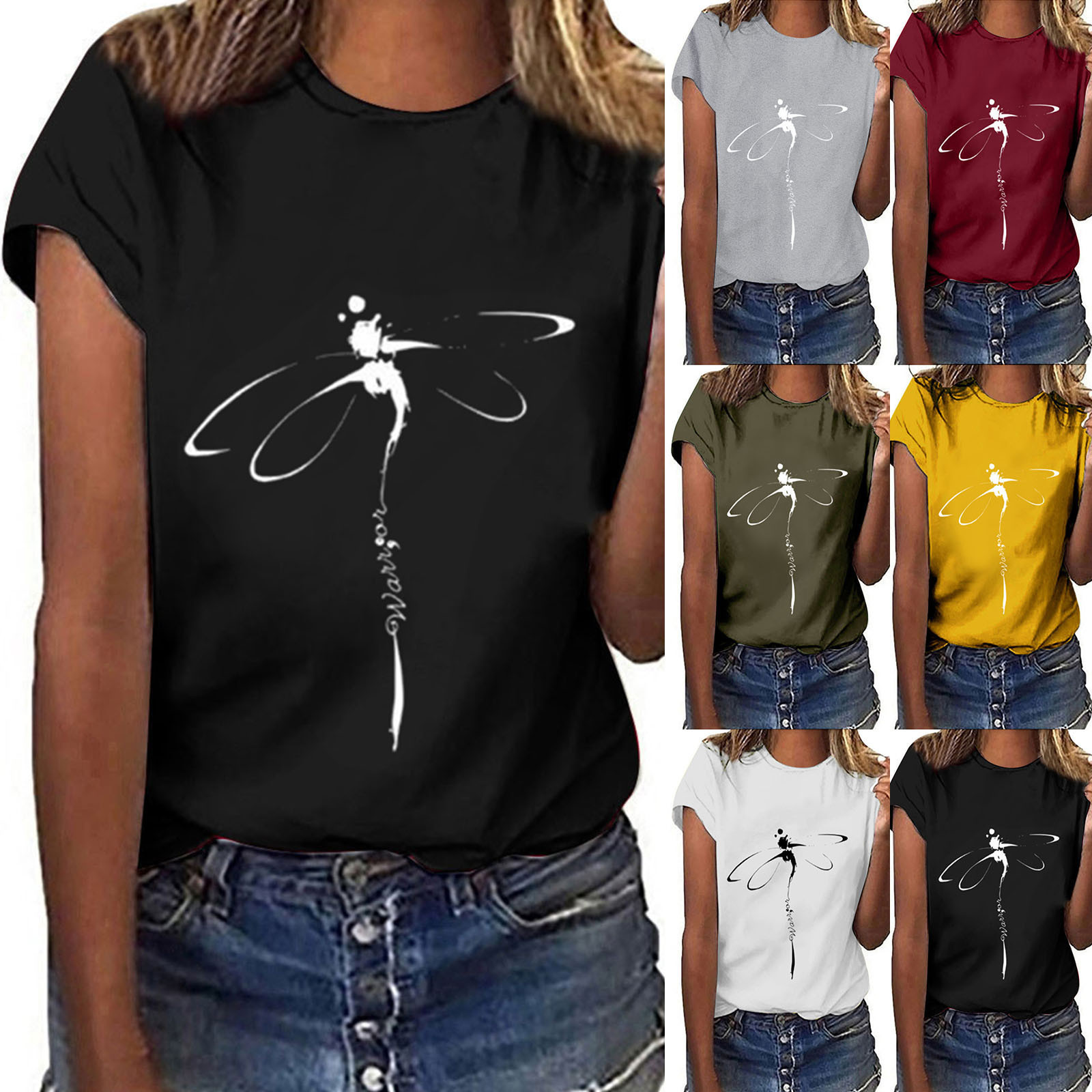 Top Libellula Stampato Colletto originale Camicia base casual T-shirt da donna a maniche corte T-shirt oversize Abbigliamento T-shirt