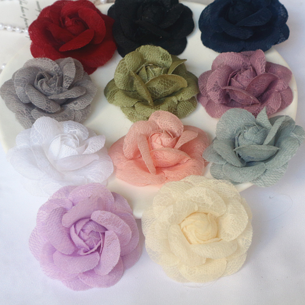 5 pçs 5.5cm tecido de renda artesanal camélia rosa flor headwear chapéu vestido roupas decoração acessórios para o cabelo broche material diy