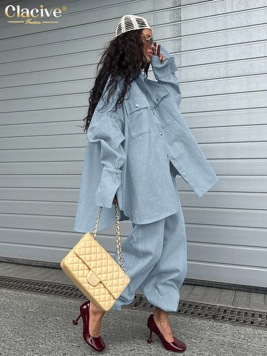 Clacive Mode Losse Blauwe 2-delige set Dames 2025 Elegant shirt met lange mouwen en hoge taille Wijde broek Set Vrouwelijke kleding