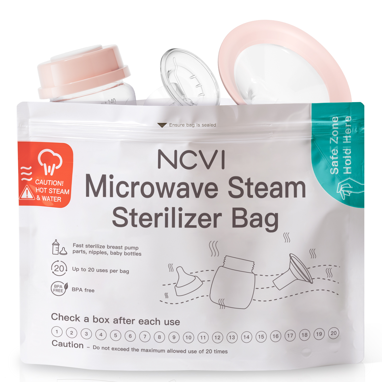 Bolsa esterilizadora a vapor para micro-ondas NCVI, 8 contagens, recipiente de desinfecção para mordedor de bebê, chupetas e acessórios para bomba tira leite