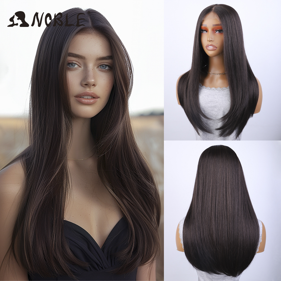 高貴な合成レースフロントウィッグ髪ストレートベビーヘアボブウィッグ人工毛ウィッグ 22 "ブラウンウィッグボブウィッグ女性のためのコスプレウィッグ