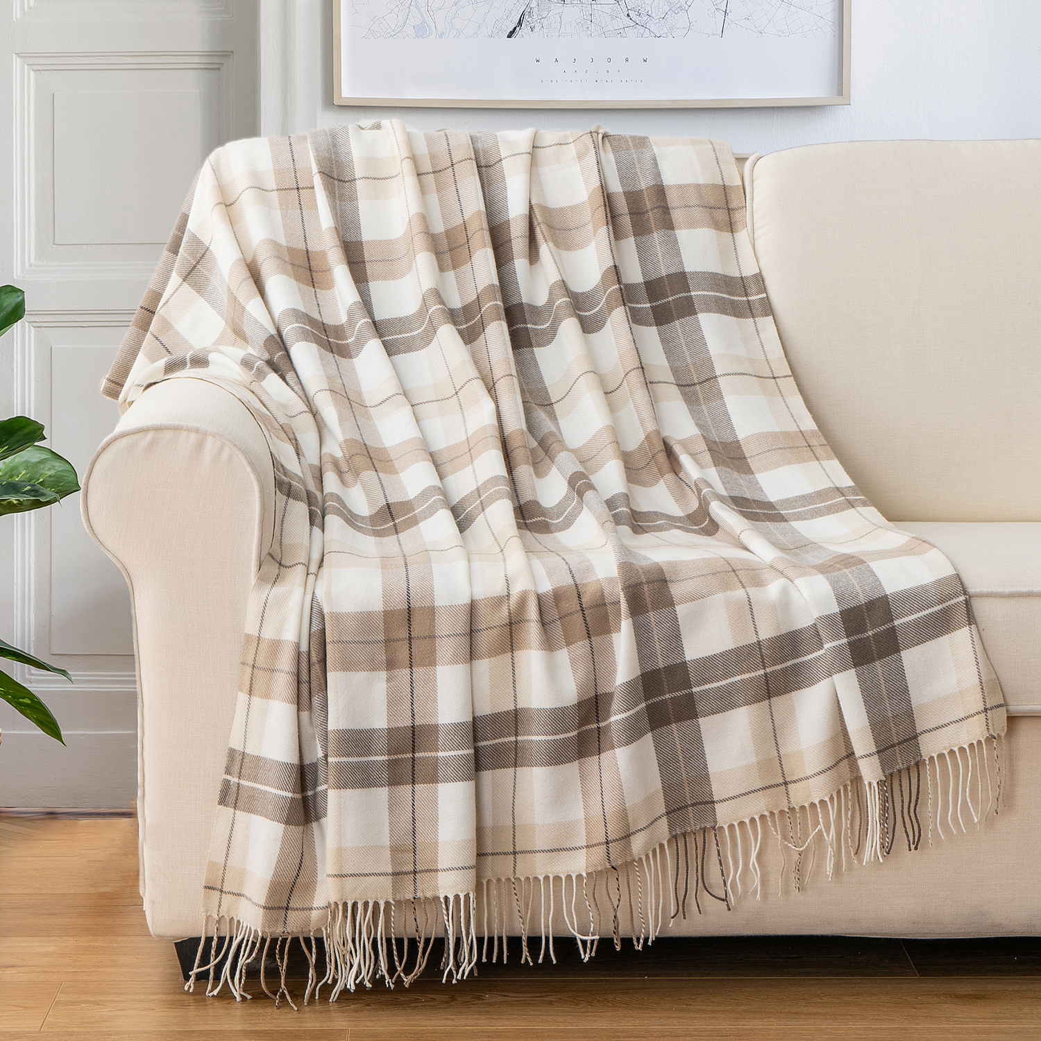 Battilo Plaid Throw Blanket for Bed Couch Beige Lightweight Sofa Blanket Cashmere Blanket with Tassels Knit Throw for All Season