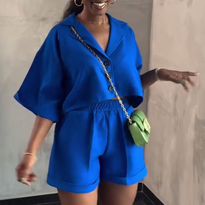 Ensemble deux pièces pour femmes, Short, col rabattu, manches courtes, chemises amples décontractées, hauts assortis, pantalons à taille élastique