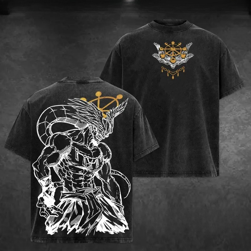 Camiseta Estampada Anime Jujutsu Kaisen Mahoraga para Homens e Mulheres, T-shirts de Algodão Lavado, Camiseta Vintage de Manga Curta, Camiseta Masculina Harajuku