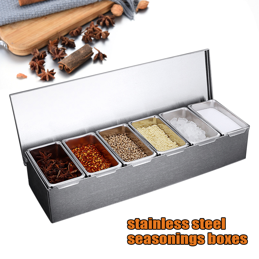Contenedor de ingredientes, juego de tarros de especias de acero inoxidable de 6 rejillas, contenedor de barra de cocina lateral espesante con cubierta