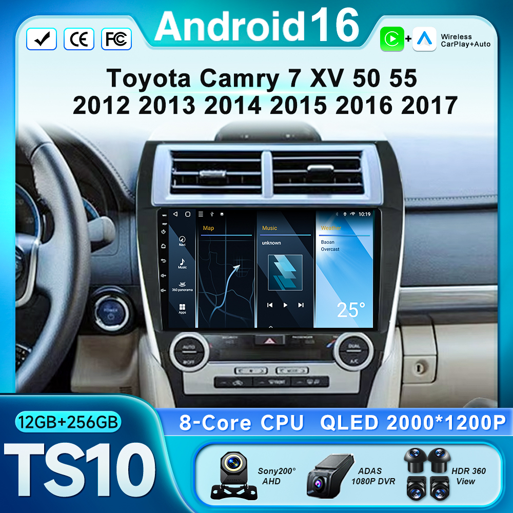 Мультимедийный автомобильный плеер Android 16 для Toyota Camry 7 XV 50 55 2012-2017 с Carplay, навигацией, GPS и радио