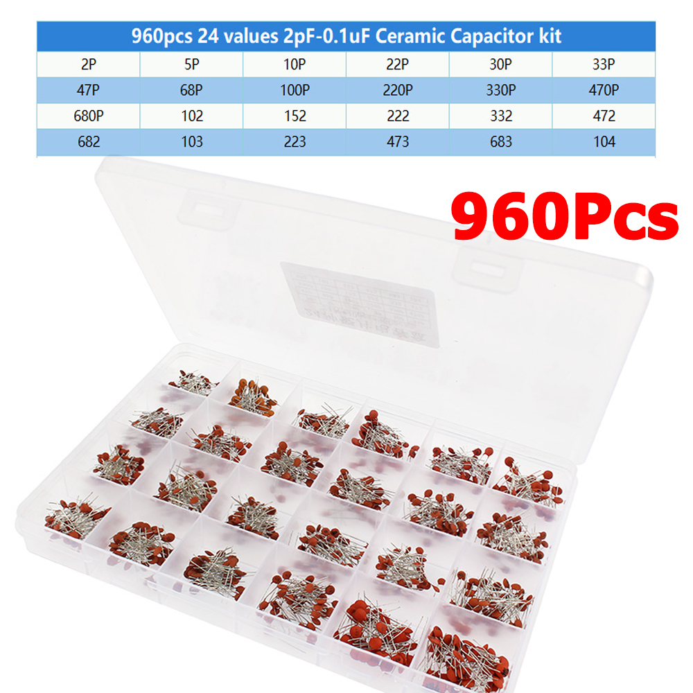 960PCS 24werte Keramikkondensator-Sortiment-Kit Kapazität 2PF-0,1UF 50V DIY elektronisches Keramikkondensator-Set, mit Box