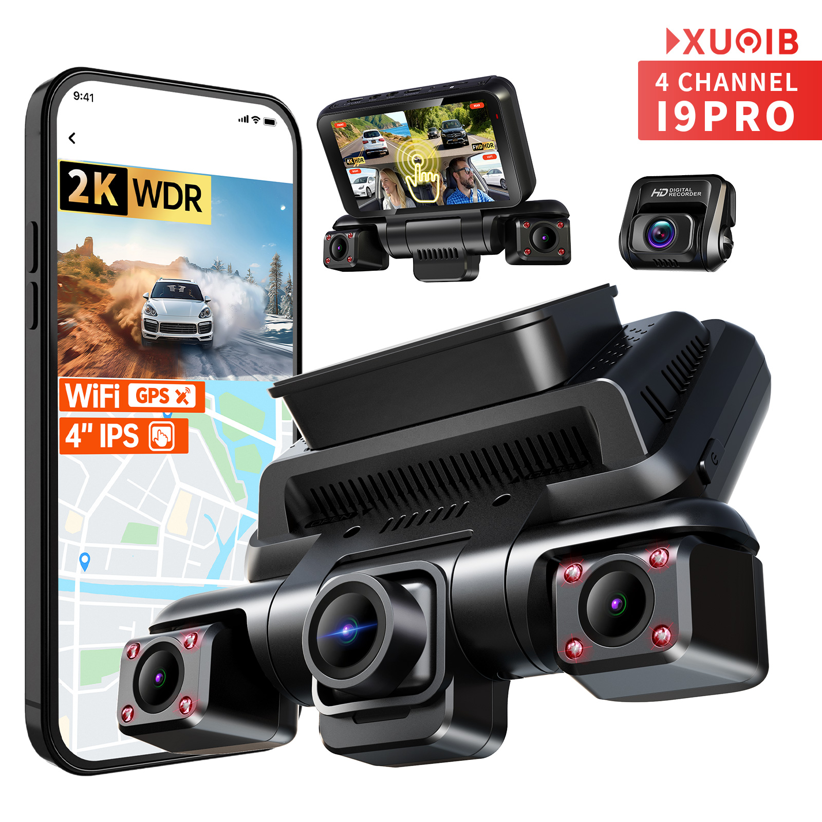 XUOIB i9pro 4CH Dash Cam 4K Przednia 360° 4" WiFi GPS Noktowizja DVR Wsparcie Monitorowanie Parkowania 24H&256G Max