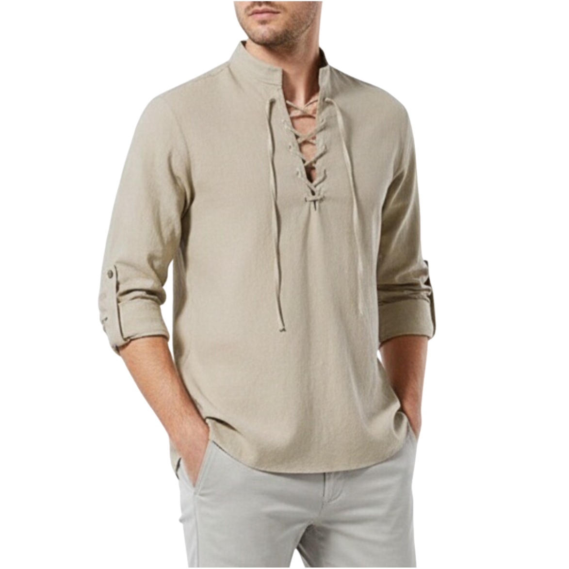 Camisa de Lino Retro para Hombre, con Cordones, Manga Larga, Cuello Alto, Blusa Informal de Algodón y Lino, Estilo Medieval, Pirata, Vikingo, Renacentista, Color Caqui