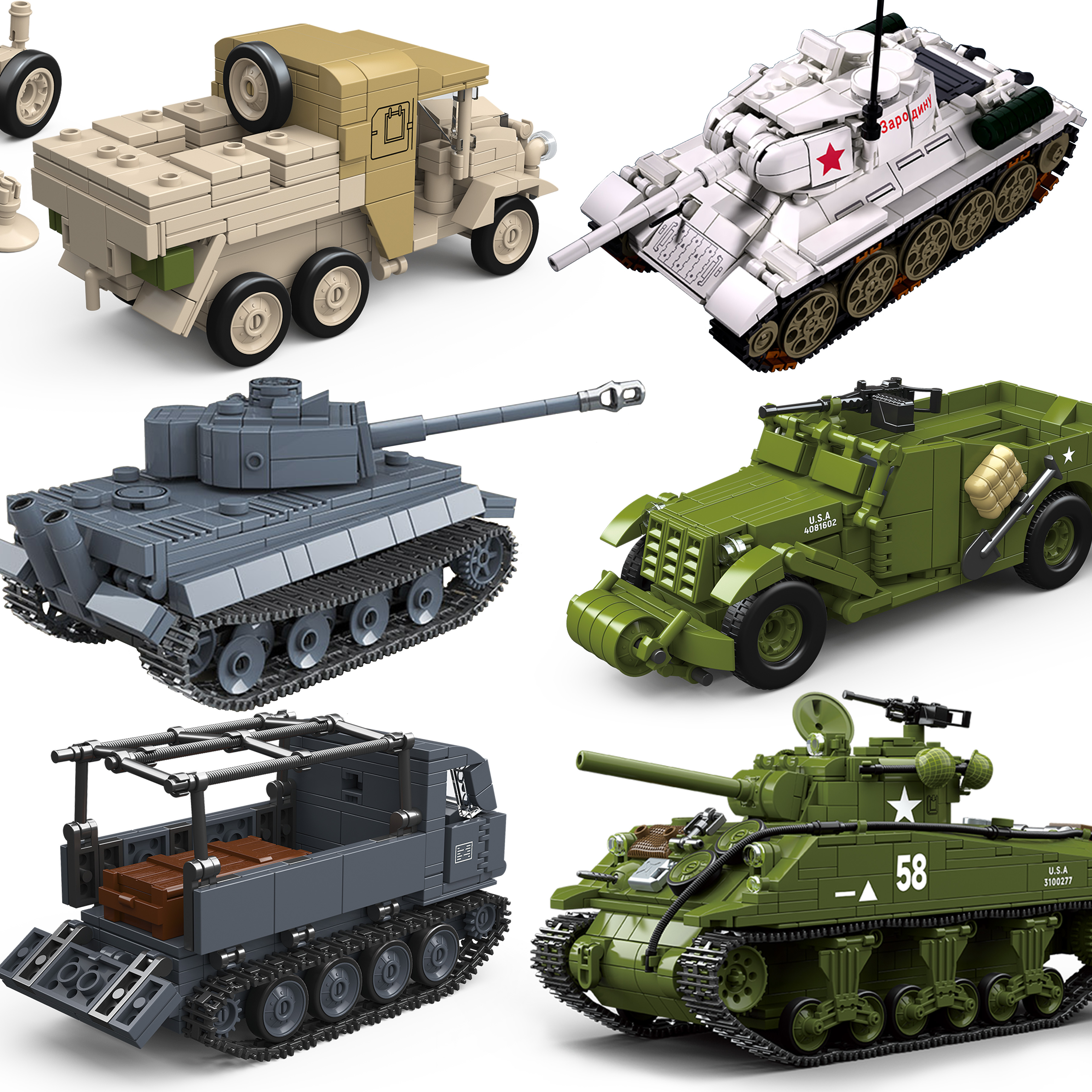 Modellini di Carri Armati Militari della Seconda Guerra Mondiale, Tiger, Sherman, T34, Veicoli, Aerei, Soldati, Armi, Blocchi da Costruzione per Bambini