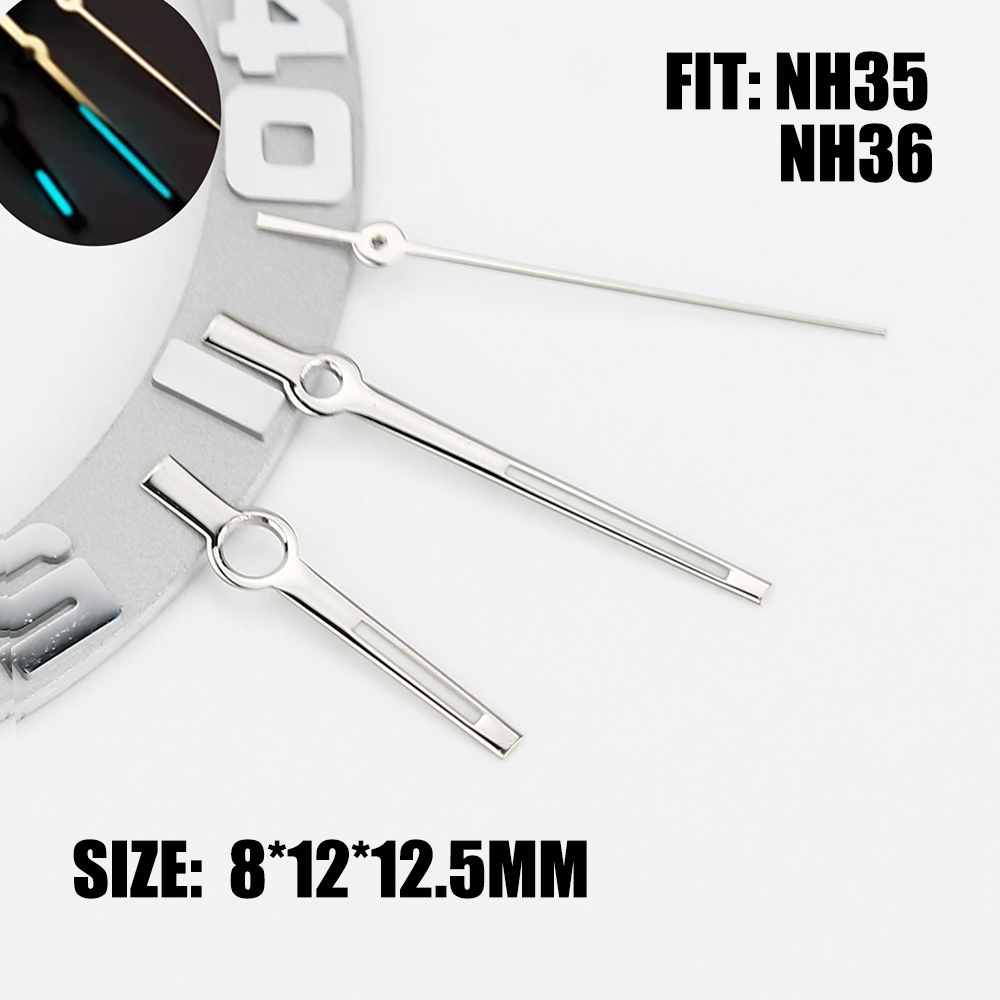 Agujas para libro de registro Nh35 NH36, manecillas plateadas pulidas, 8x12x12,5mm, estilo bastón, manecillas Datejust, manecillas de reloj C3, reemplazo luminoso azul