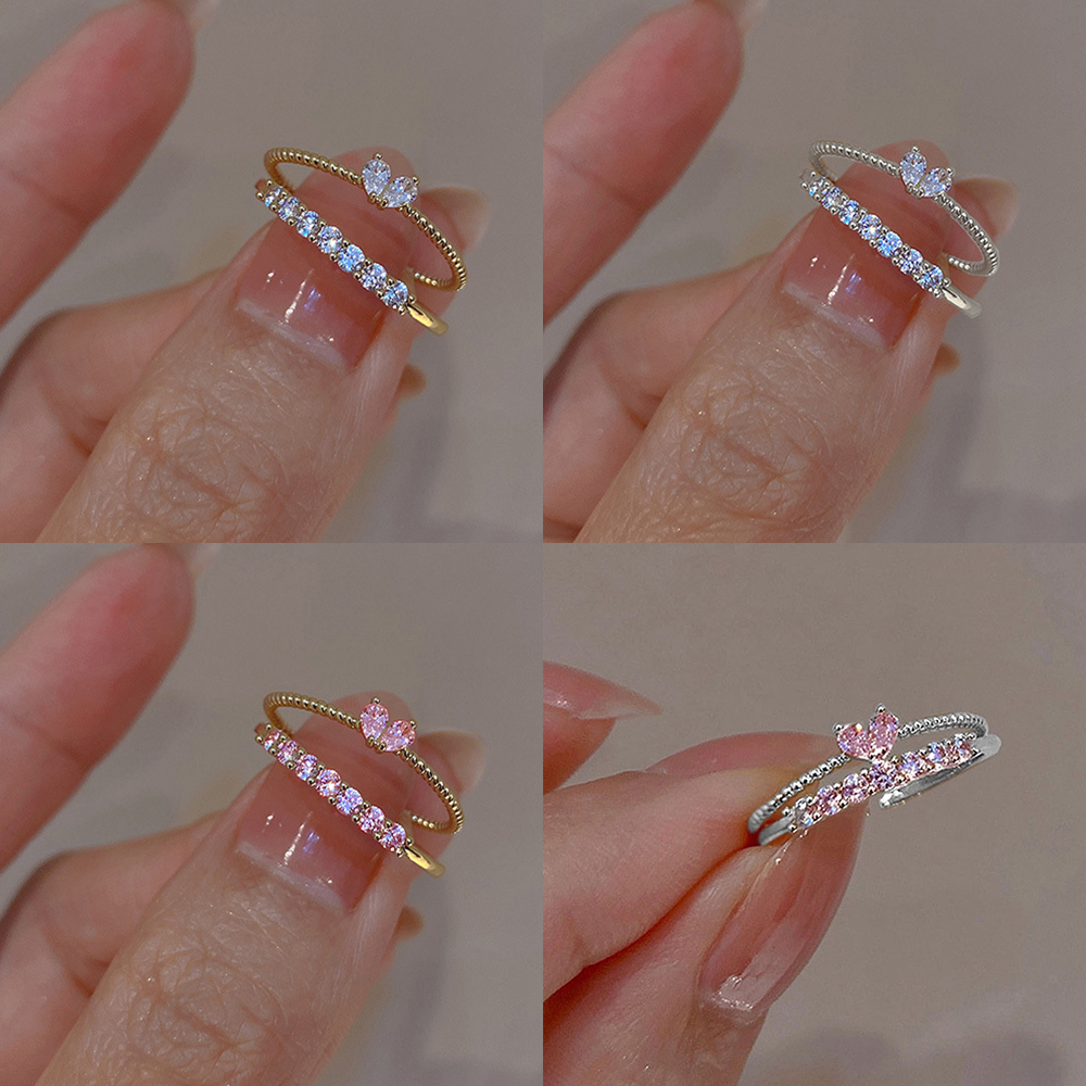 2 pçs estético elegante delicado cristal coração anéis para mulheres meninas cor de ouro empilhável delicado amor dedo anel conjunto jóias