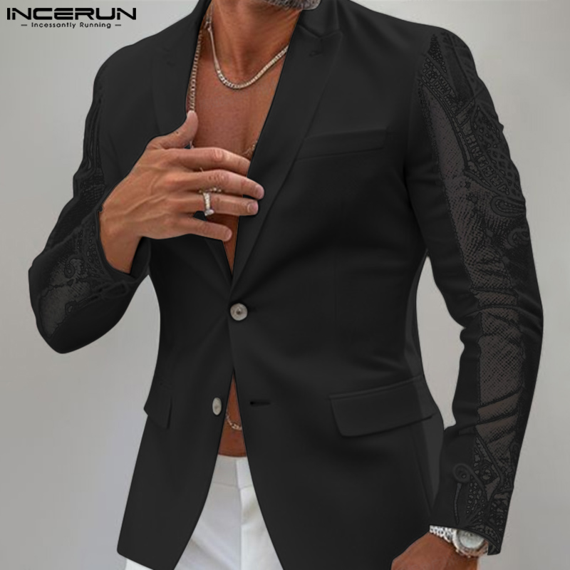 INCERUN Blazer lengan panjang kasual pria, jaket pas badan dengan kancing tampan tembus pandang harian sederhana, Blazer bertali 2024