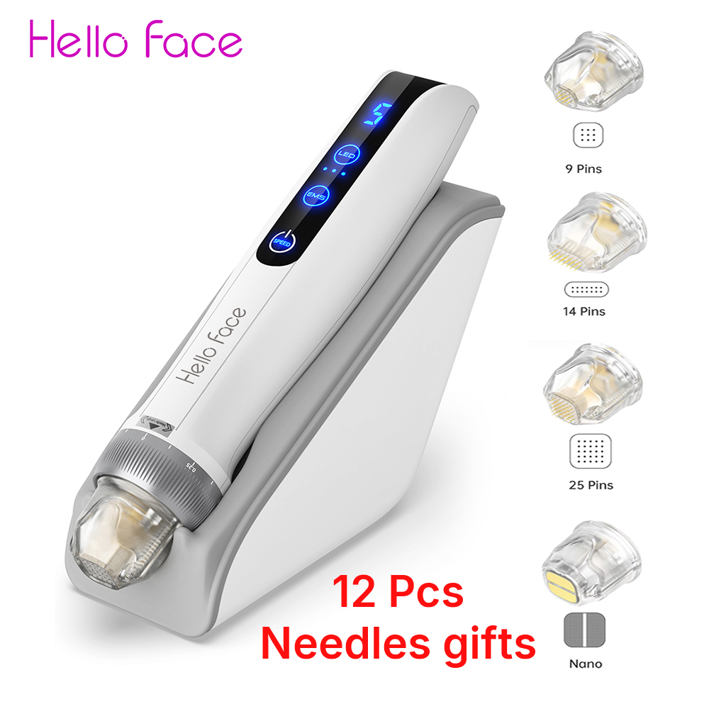 Hello Face Q2 Derma Pen z 12 wkładami EMS Elektroporacja Czerwone Niebieskie światło Microneedling na porost włosów Usuwanie zmarszczek