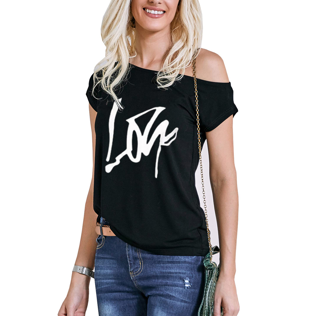 Camiseta Sexy de Mujer con Hombros Descubiertos, Manga Corta, Estampado de Amor, para Verano, Día de San Valentín, Informal y Cómoda