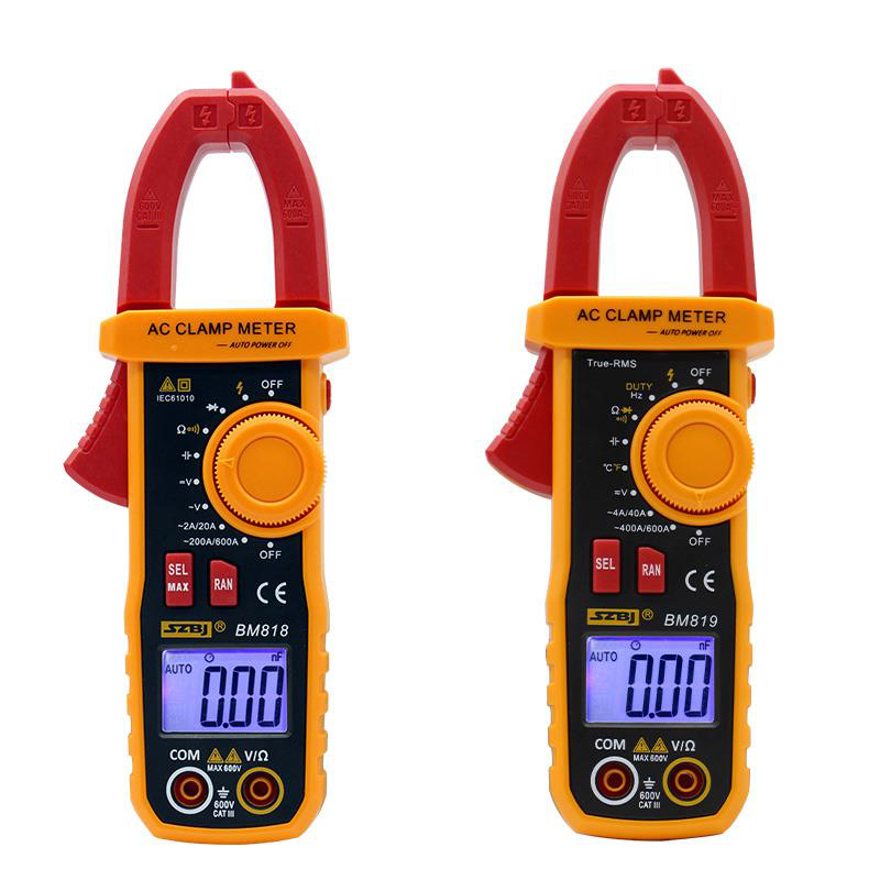 Szbj bm818 medidor de braçadeira digital bm819 ture-rms amperímetro acv/dcv aca 600v/600a capacitância de gama automática 2000uf/10000uf ncv backlight