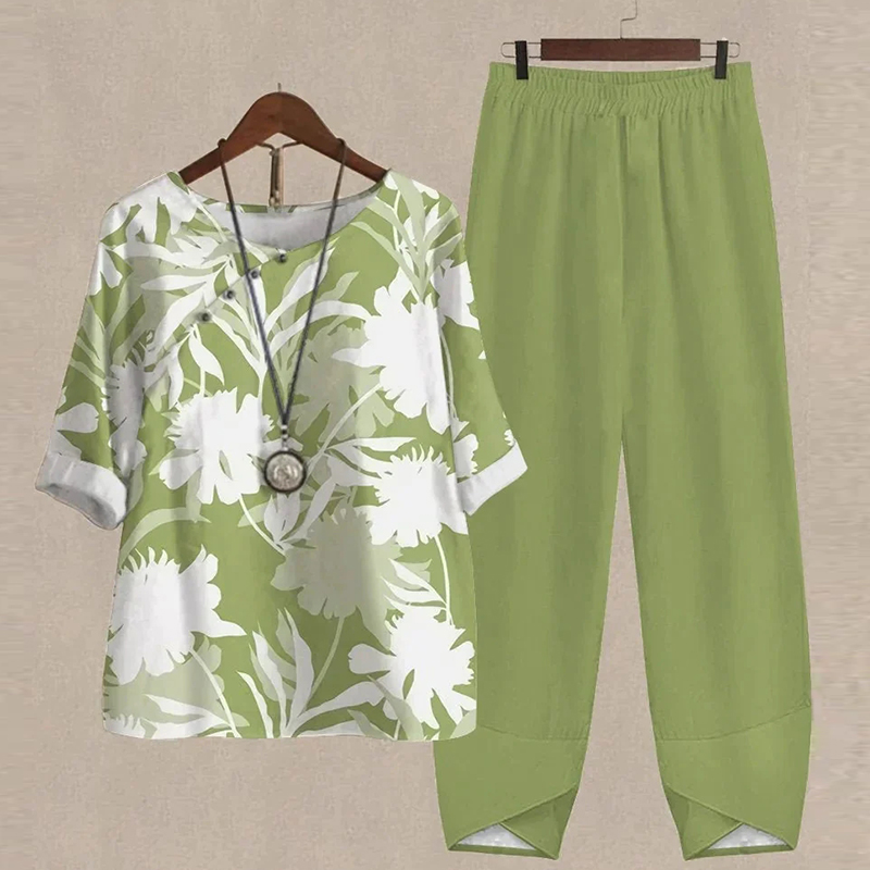 Conjuntos de dos piezas para mujer, ropa con cuello redondo, estampado de flores, camisa de manga corta suelta, pantalones de cintura alta, traje 2023