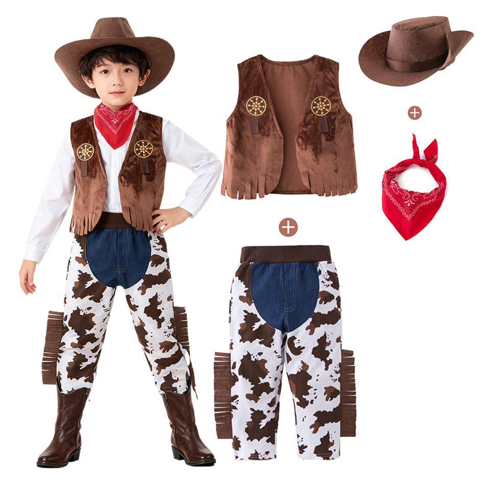Western Boys Costume Cowboy Outfit Kids Birthday Gift Vest Pants Bandana Halloween Costume 4PCS Set for Boys Girls