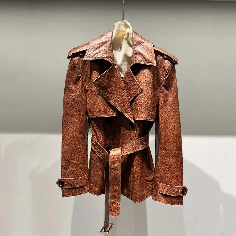 Chaqueta de piel auténtica con cinturón para mujer, abrigo de estilo informal, de longitud corta, para primavera y otoño, 2024