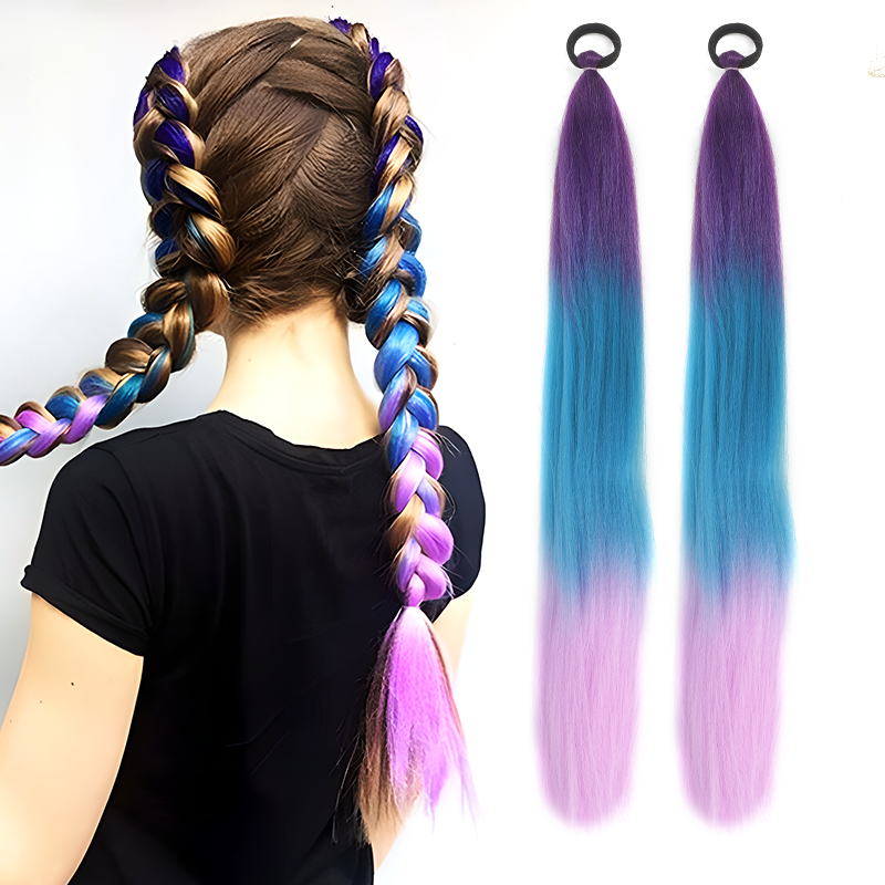LUPU สังเคราะห์ต่อผมหางม้าพร้อมยางรัดผมผูก 26 "ยาวตรงสี Braiding ผมหางม้า Ombre สีชมพูสีม่วงสีฟ้า