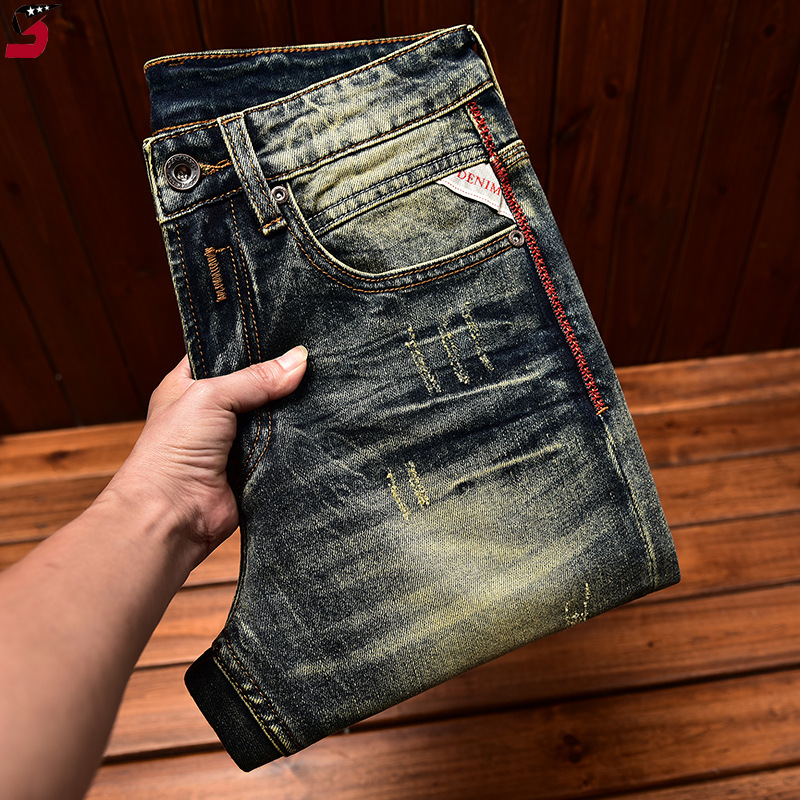 Jeans de motocicletas de alta qualidade masculino, lavado, nostálgico vintage, slim fit outono, jeans de estiramento reto, calças compridas, outono