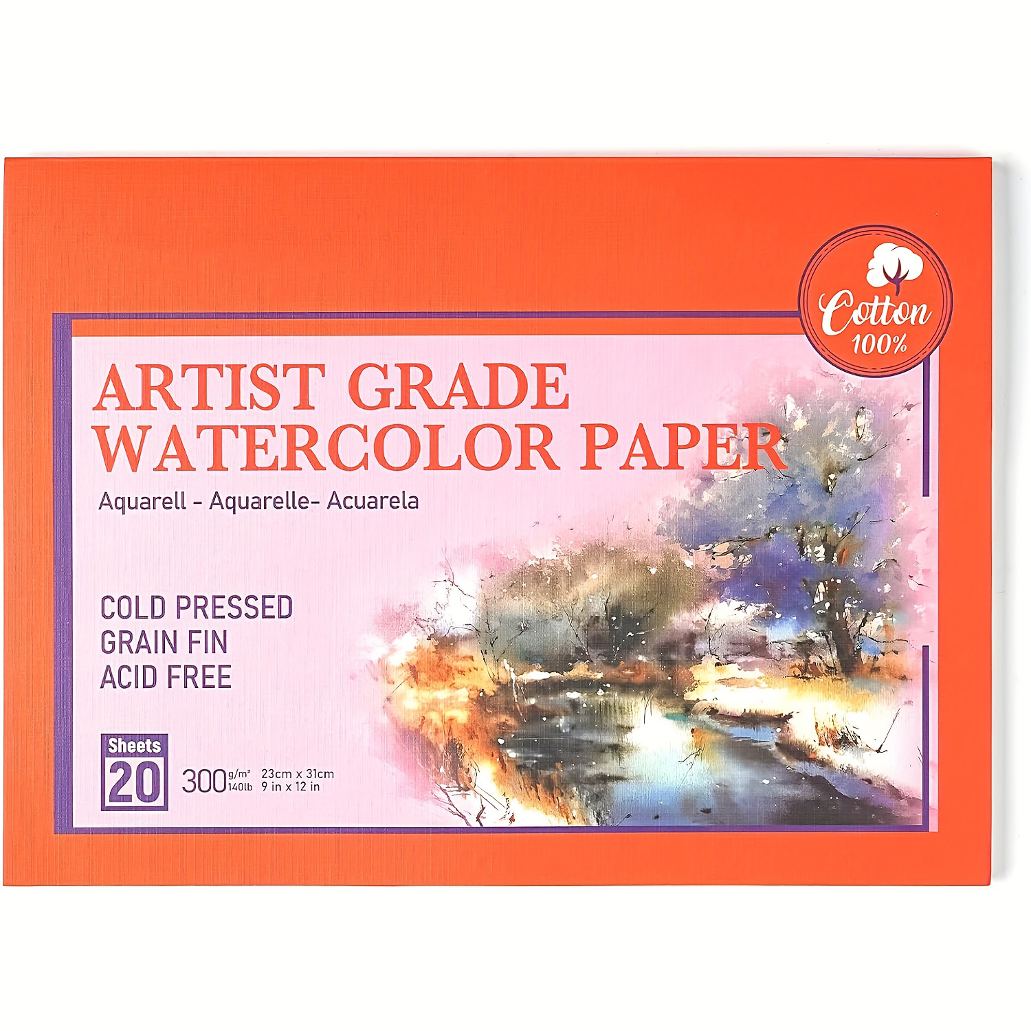 Papier aquarelle 100% coton-20 feuilles 10x14 pouces bloc de papier aquarelle pressé à froid-140LB/300GSM bloc de papier d'art pour aquarelle