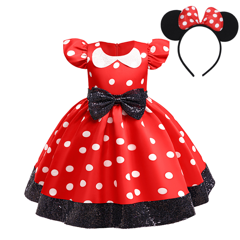 Nouvelle robe de princesse à pois avec nœud et paillettes, manches courtes, pour filles, costume de cosplay pour Noël et Halloween