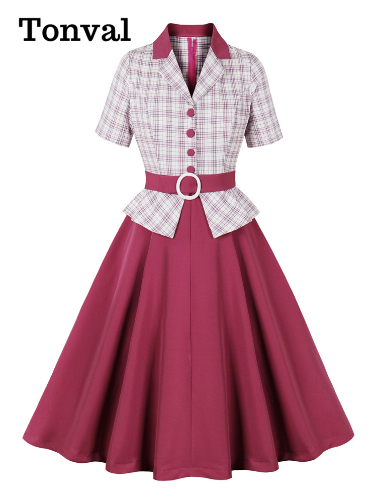 Tonval kariertes und fuchsiafarbenes formelles Schößchenkleid für Damen, elegant, 2024, gekerbter Kragen, Knopfleiste, Patchwork, Vintage-Midi-Damenkleider