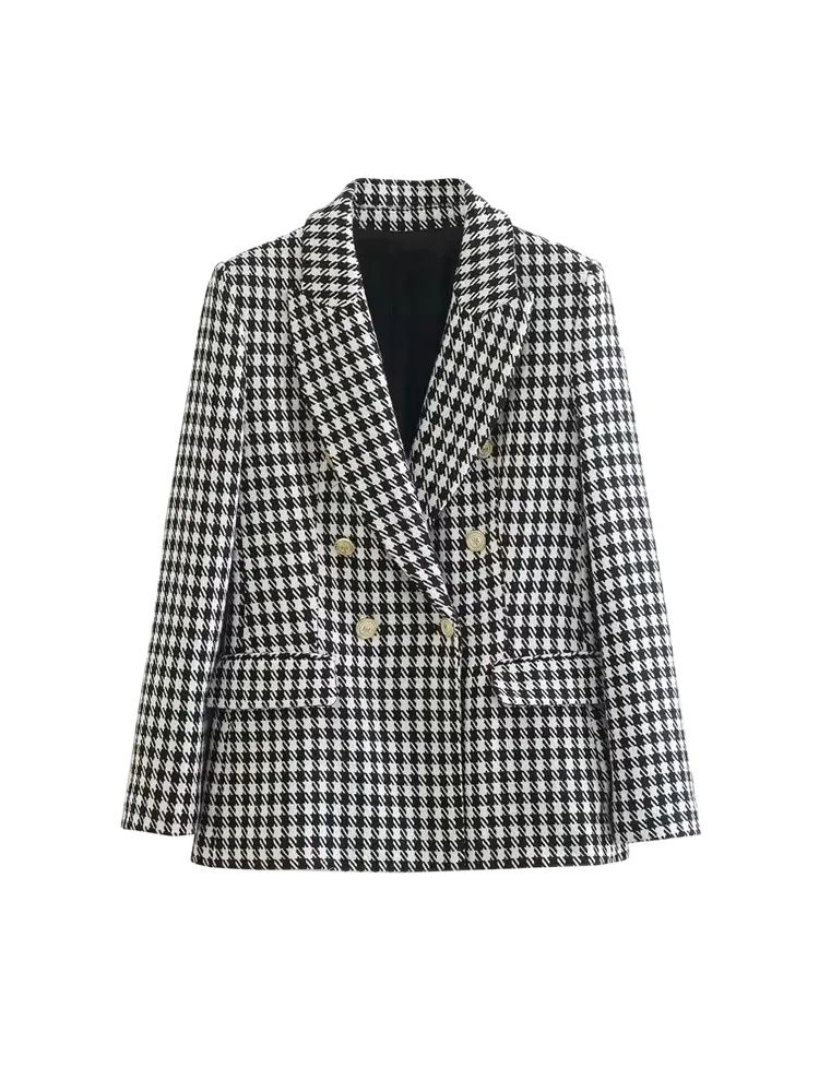 Moda feminina duplo breasted houndstooth blazer casaco vintage manga longa bolsos com aba feminino outerwear chique coletes