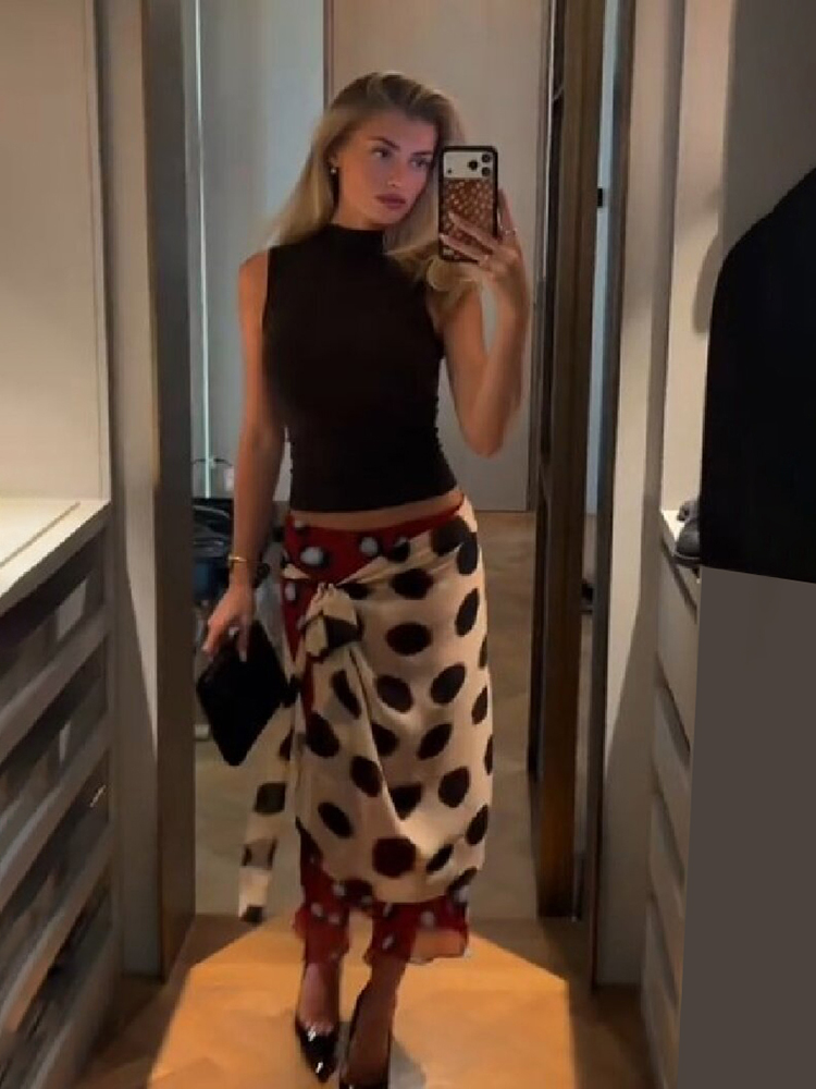 Zweifarbiger Chiffon-Wickelrock mit Polka Dots für Damen, asymmetrischer Saum, mehrlagiger Midirock für Sommer, Strandurlaub, Freizeitkleidung.