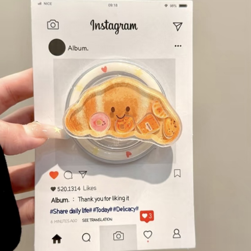 Kroean bonito dos desenhos animados croissant para magsafe griptok titular telefone anel de dedo suporte para iphone 16 samsung menina suporte