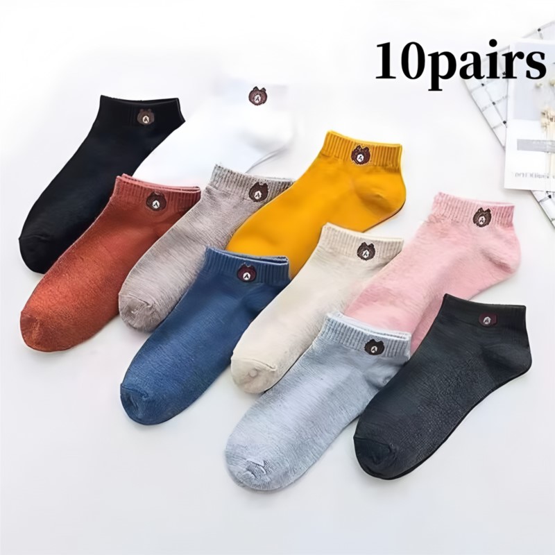 10 paires de chaussettes basses pour femmes, ensemble de chaussettes confortables à motif d'ours mignon, respirantes à la mode pour femmes, Style décontracté