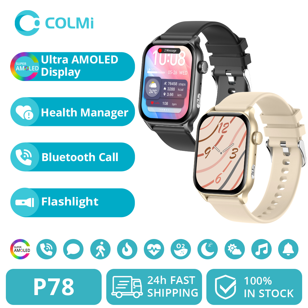 COLMI P78 AMOLED Smartwatch 1.95 ''จอแสดงผลไฟฉายและโทรด้วยเสียง 100 + โหมดกีฬา Health Monitor ผู้ชายผู้หญิงสมาร์ทนาฬิกา