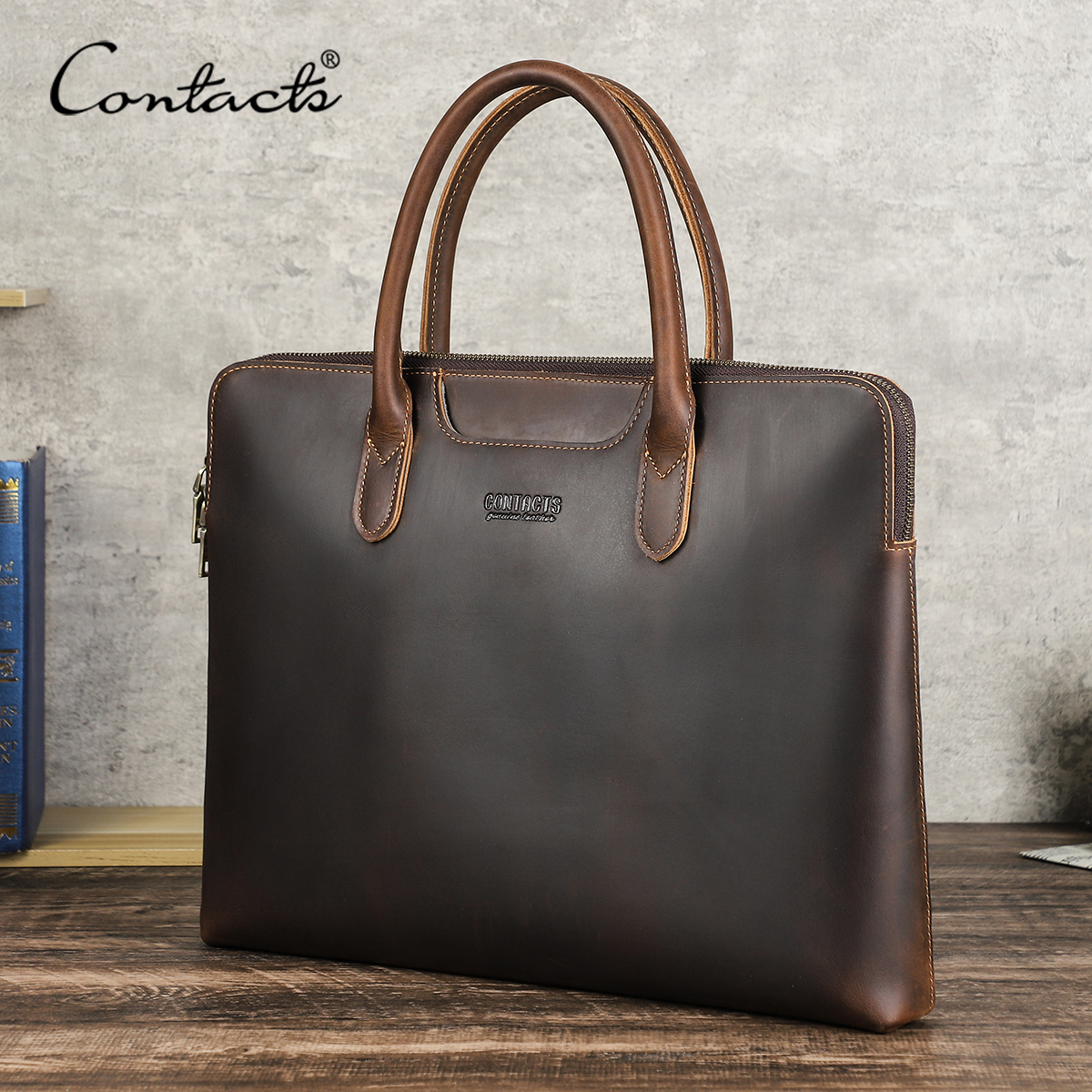 Bolso de negocios de cuero genuino de CONTACT'S, maletín de cuero, bolsos para ordenador portátil, bolso de mano de alta calidad para Macbook de 14,2"