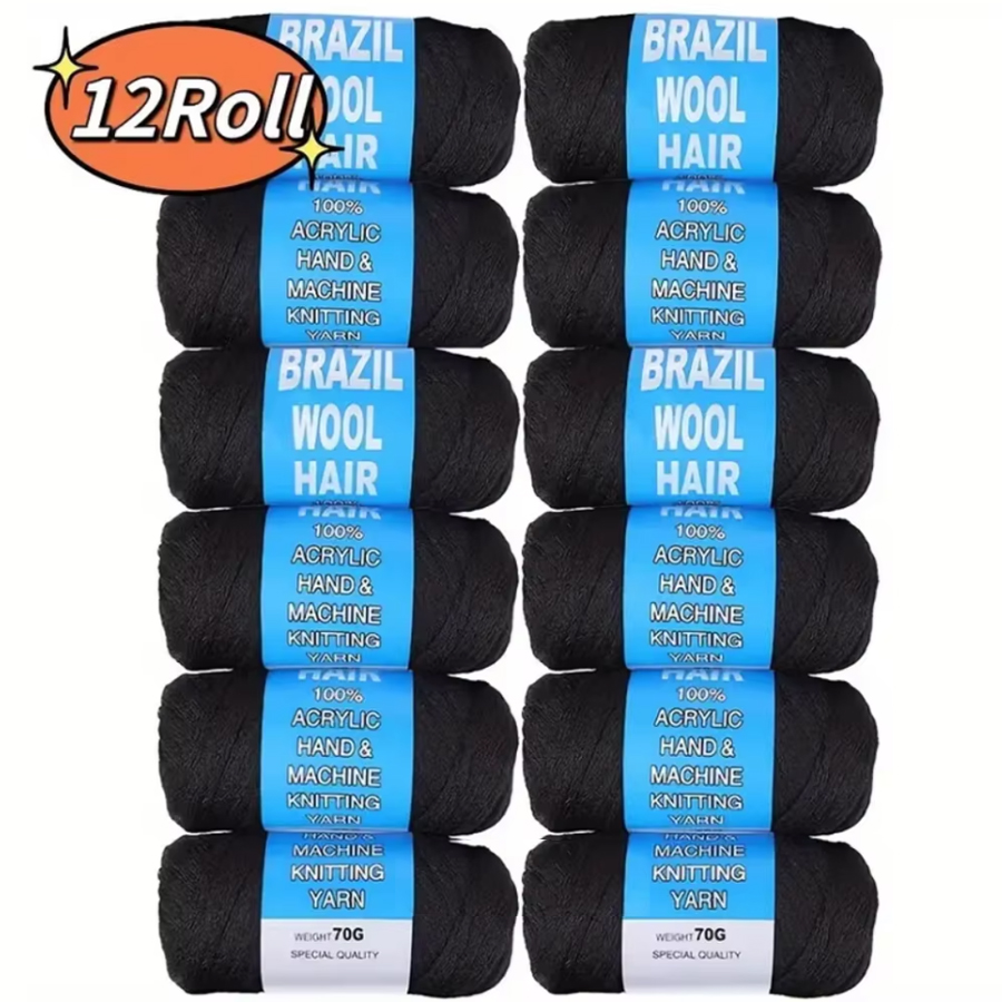 2/3/5/8/12 rollos de hilo acrílico de pelo de lana brasileño negro para pelo de ganchillo sintético africano trenzas Jumbo envolturas torcidas 70G/rollo