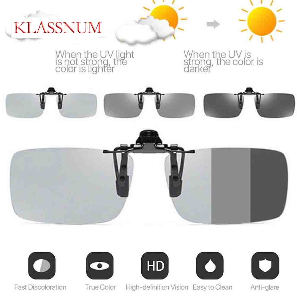 KLASSNUM Clip polarizzata fotocromatiche su occhiali da sole da uomo Occhiali da guida diurni e notturni Occhiali con clip camaleonte strette per miopia