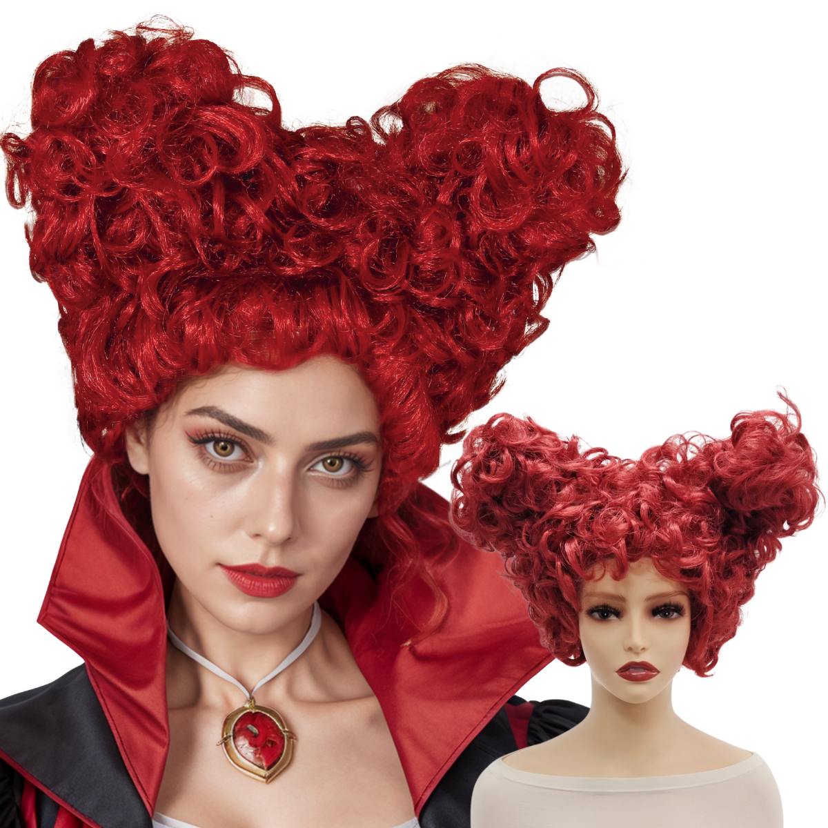 Короткий вьющийся синтетический парик Red Queen с двумя пучками, термостойкий для женщин и девочек, косплей, Хэллоуин, Рождественская вечеринка