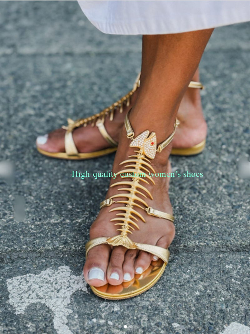 Gouden ronde kop open teen sandalen met visgraat accessoires decoratie platte zomer sandalen enkelriempje banket luxe sandalen