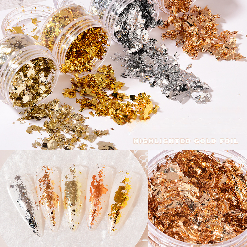 Fragmentos de papel de aluminio irregulares, oro rosa y plata, pegatina de lentejuelas para decoración de uñas, brillo DIY, manicura, esmalte de Gel UV, herramientas de decoración de uñas