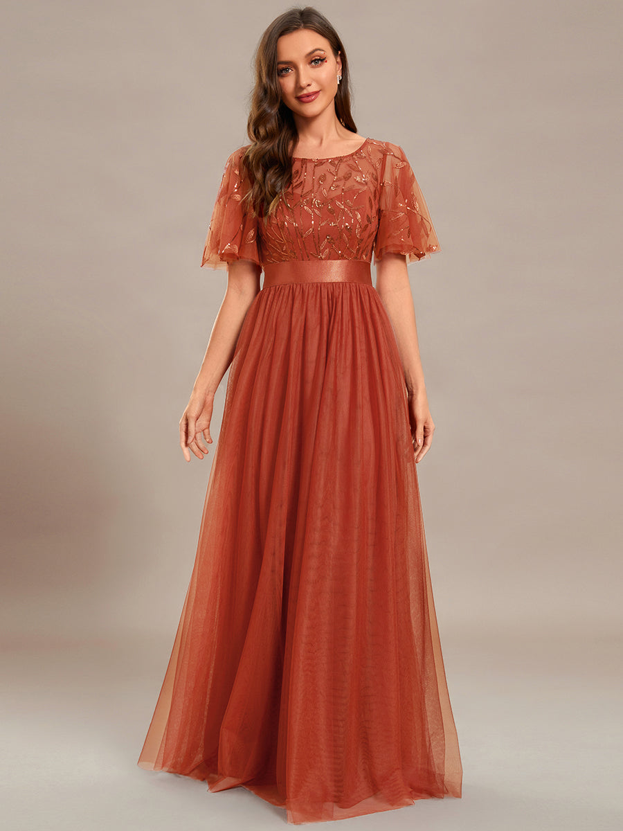 Robes de soirée élégantes imprimé paillettes Maxi longue avec mancherons A-LINE 2025 Ever Pretty of gaze robe de demoiselle d'honneur orange brûlée