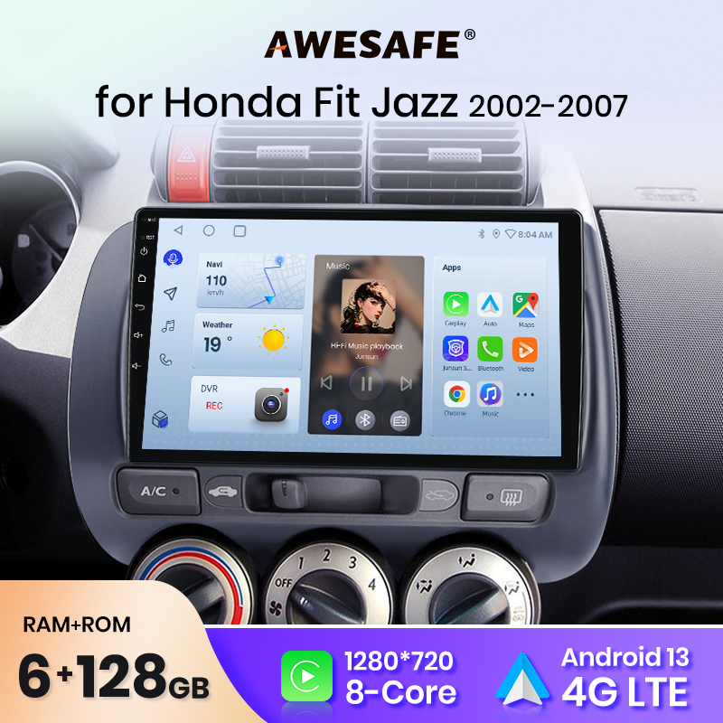 Radio de coche inalámbrico AWESAFE con CarPlay y Android Auto para Honda Fit Jazz 2002 2003 2004 2005 2006 2007, GPS, Navi, SWC, FM, BT, Plug and Play, DSP, estéreo