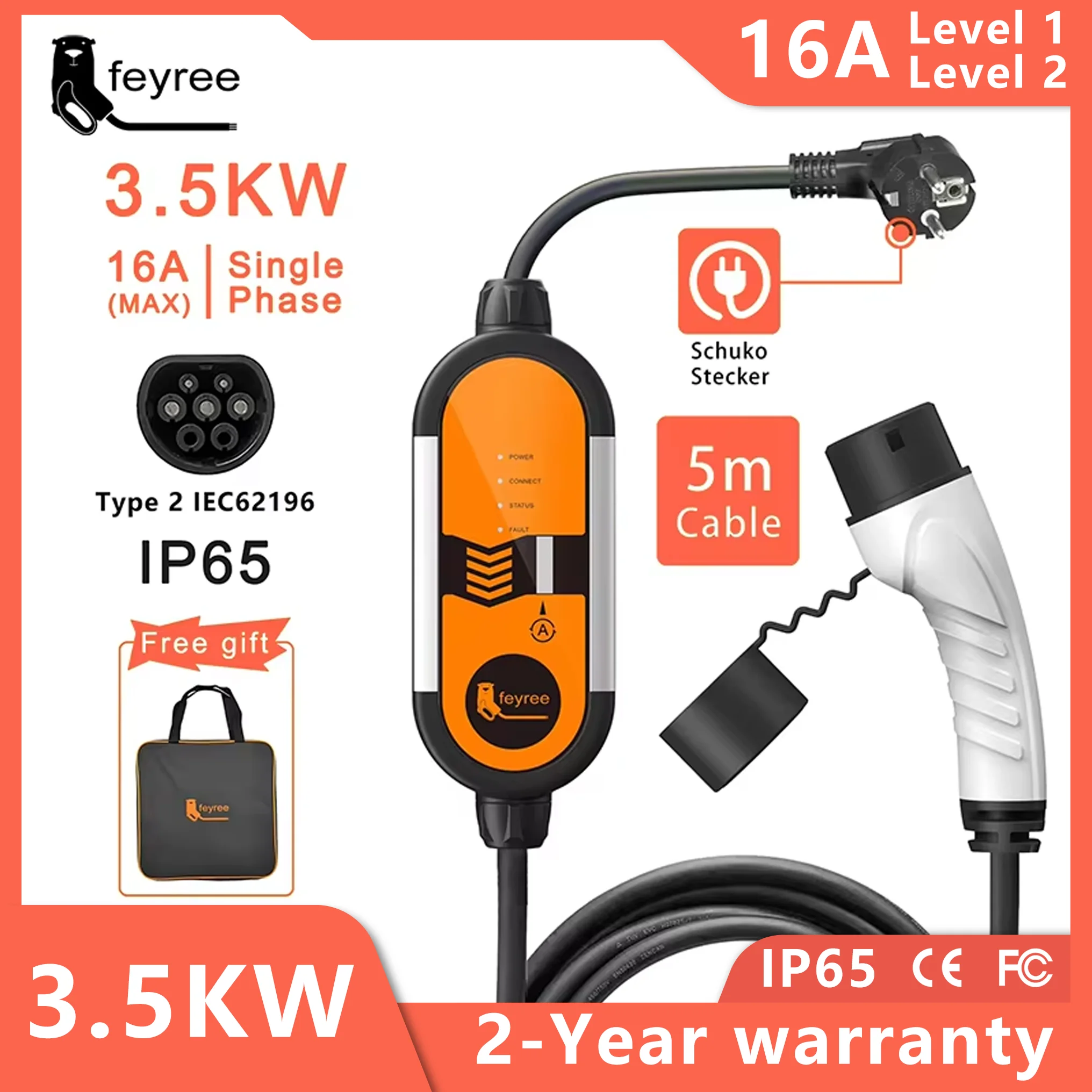 feyree Type2 16A 3.5KW Przenośna ładowarka samochodowa EVSE Kabel ładujący 5m z wtyczką Schuko Regulacja prądu do ładowarki samochodowej elektrycznej