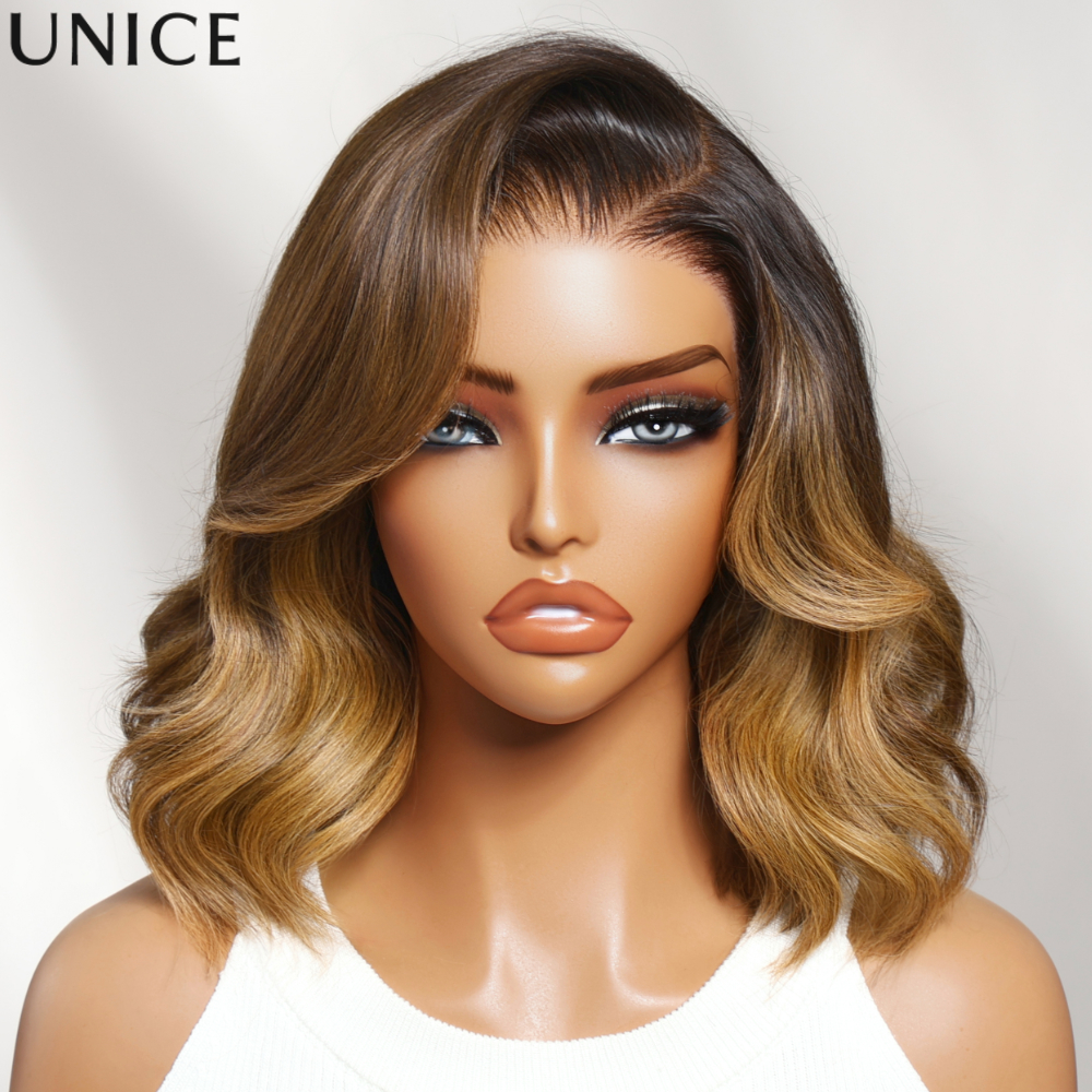UNice 7x5 & 13x4 Lace Bye-Bye Slip ™   Peruca Bob Ondulada Marrom com Mechas Loiro Mel que Moldam o Rosto, 100% Cabelo Humano, Sem Cola