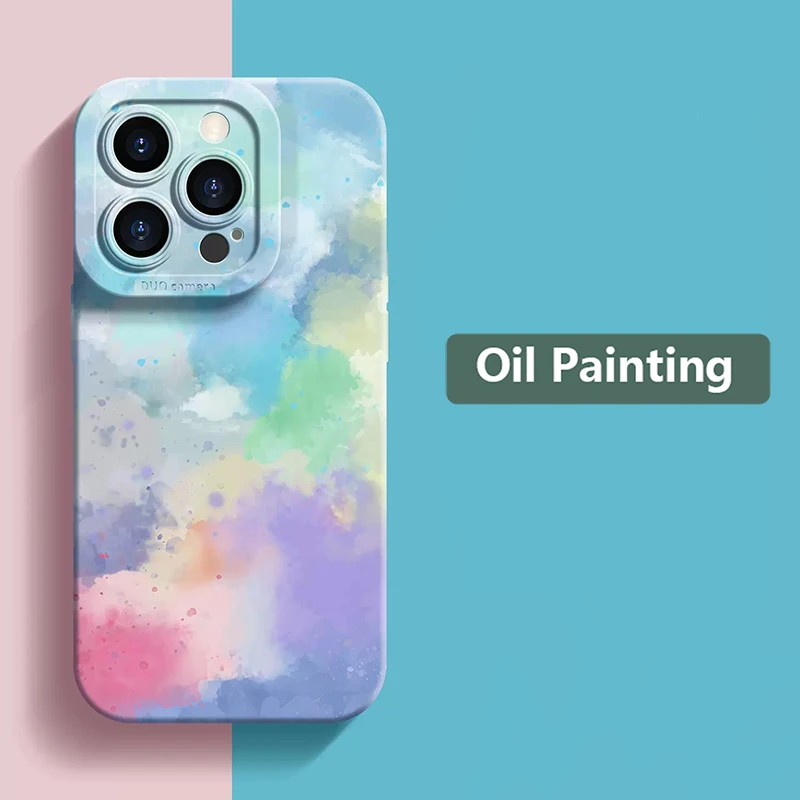 Aquarel olieverfschilderij telefoonhoesje voor iPhone 14 13 12 15 16 17 Air Pro Max 16E 11 7 8 Plus X XS XR SE zachte matte siliconen hoes