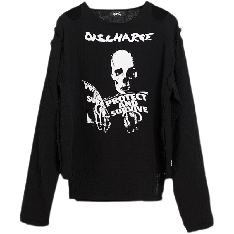 Y2K odzież damska arcane koszule z długim rękawem luźna koszula na co dzień dla dziewczynek Harajuku Punk Off Shoulder kobieta 2024 bluzka z czaszką