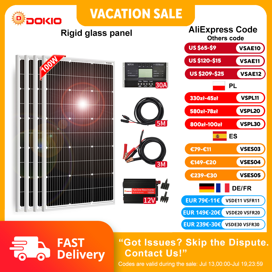 Dokio 18V 100W 200W 400W Wodoodporny Nowy Zestaw Sztywnych Paneli Słonecznych z Kontrolerem do Ładowania Domowego, Akumulatora Samochodowego 12V, Monokrystaliczny, Chiny