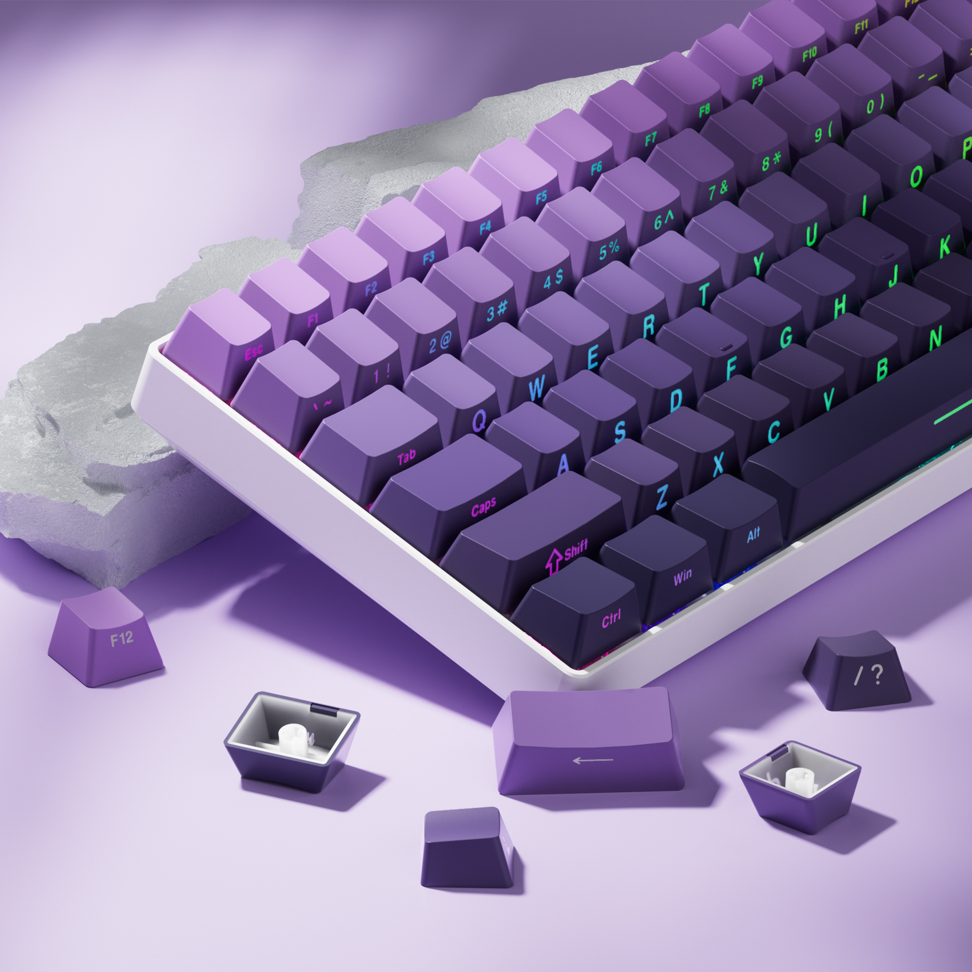 Seitlich bedruckte PBT-Tastenkappen mit 136 Tasten, Farbverlauf, Lila, Double Shot Shine Through-Tastenkappen, OEM-Profil für Gateron MX Switches Keyboard