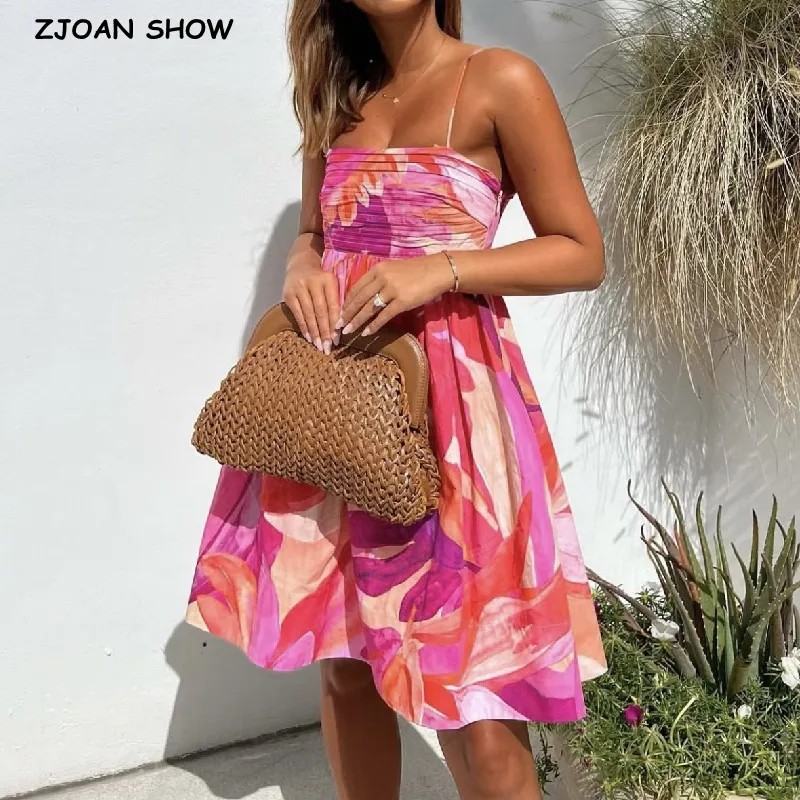 Vestido Mini de Tirantes con Estampado Floral Tie-Dye, Cuello Asimétrico, Escote Fruncido, Espalda Baja y Descubierta, Estilo Bohemio para Verano